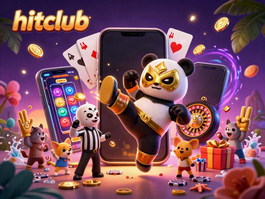 Experience exciting slot game action with hitclub's panda wrestler and chihuahua referee in a vibrant casino scene.