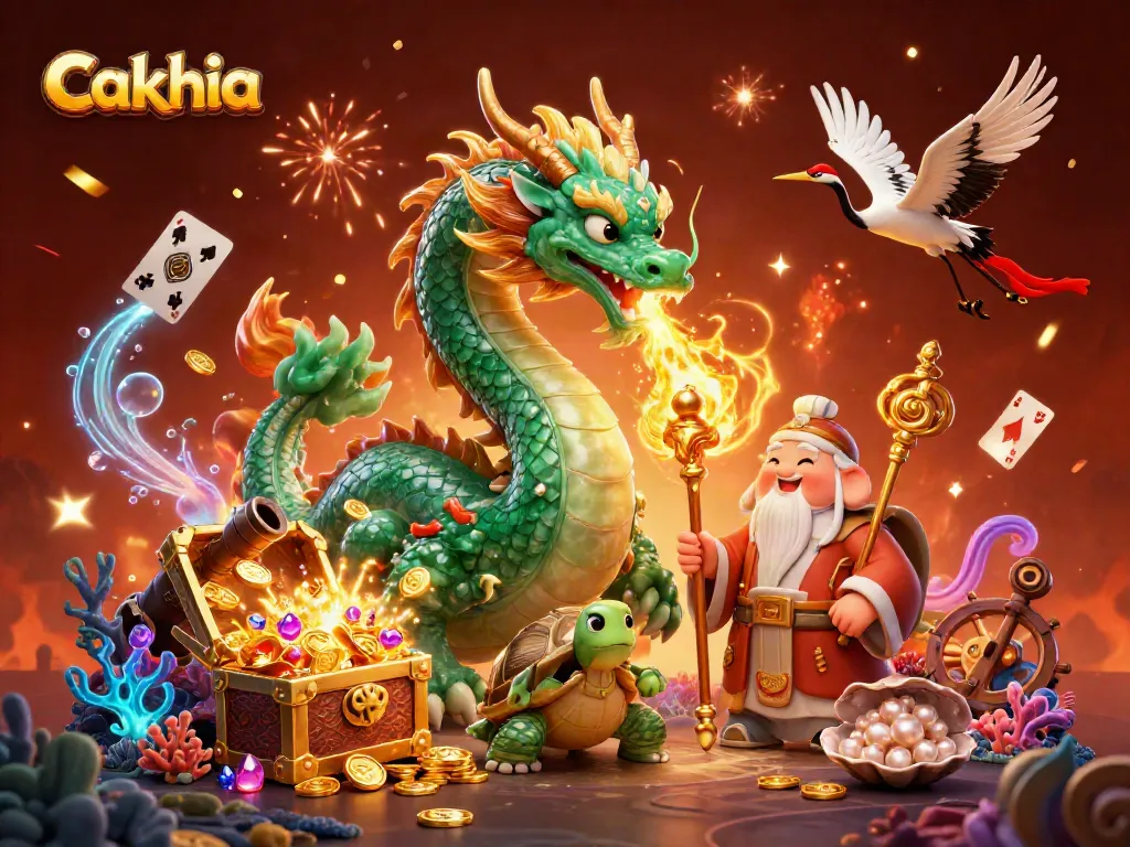 Join Cakhia with the emerald jade dragon and turtle sage amidst golden treasures, captivating 3D art.