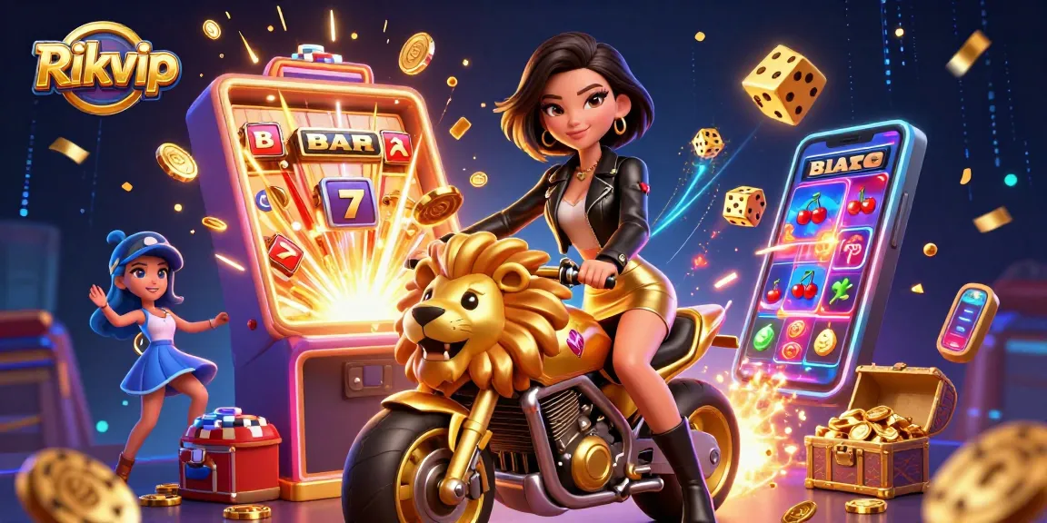 Experience thrilling gameplay at Rikvip with an Asian glam character on a golden lion amidst casino excitement.
