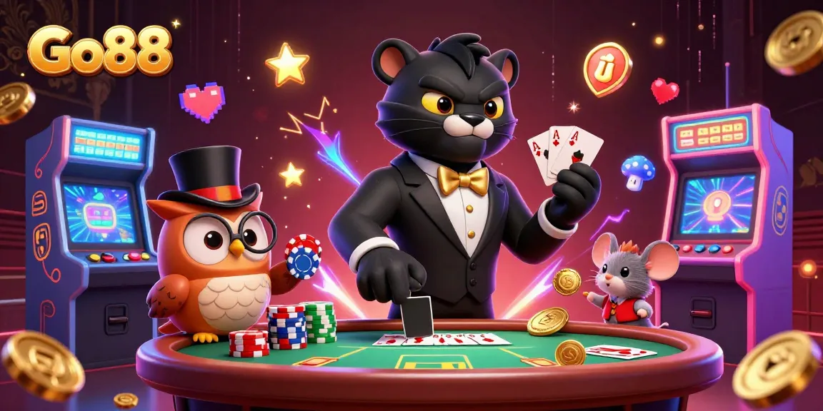 Experience the lively world of Go88 as a stylish panther, owl, and mouse engage in a vibrant casino scene.