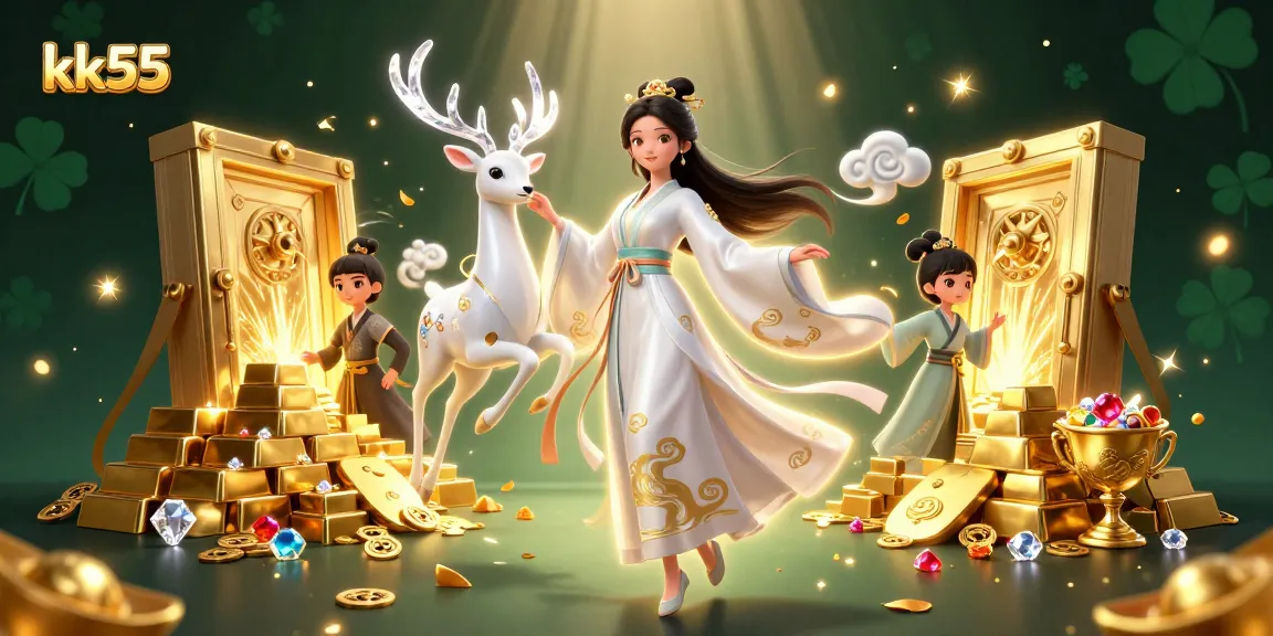 Experience the vibrant online gambling world of kk55 with treasures, games, and lively characters.