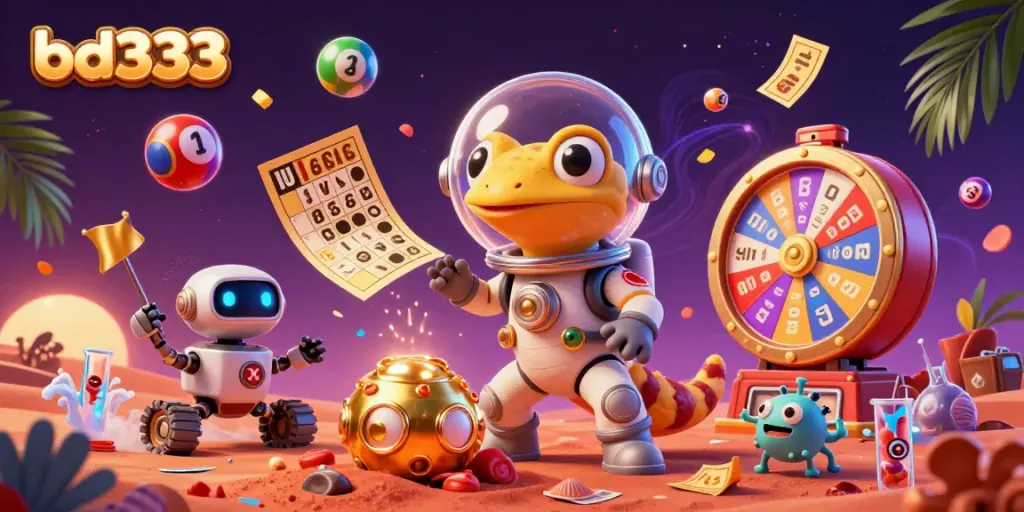 Experience the exciting bd333 casino with a Martian gecko and robot rover in a magical scene.