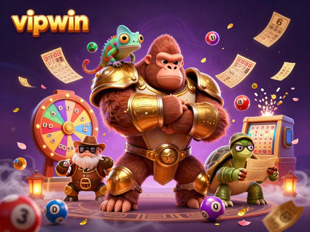 Engage with vipwin's vibrant gaming world featuring a powerful gorilla and colorful lottery elements.