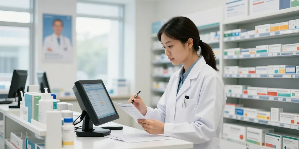 Pharmacist using digital device for Moh license information in a pharmacy