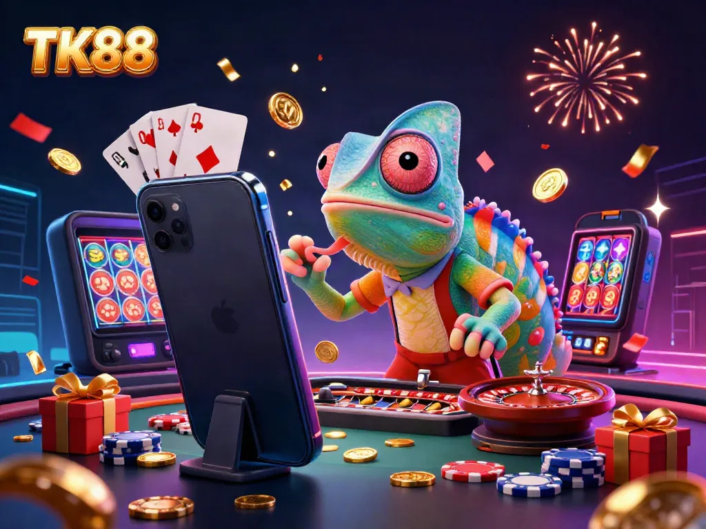 Experience thrilling gameplay action at TK88 with vibrant illustrations of a colorful casino scene.