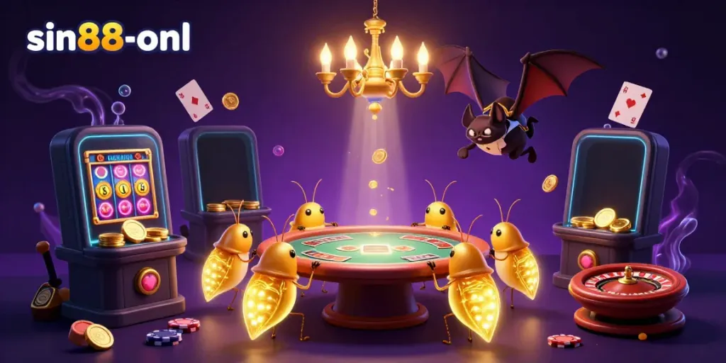 Experience exciting gameplay at sin88-onl as glowworms light up an underground casino scene with vibrant colors.