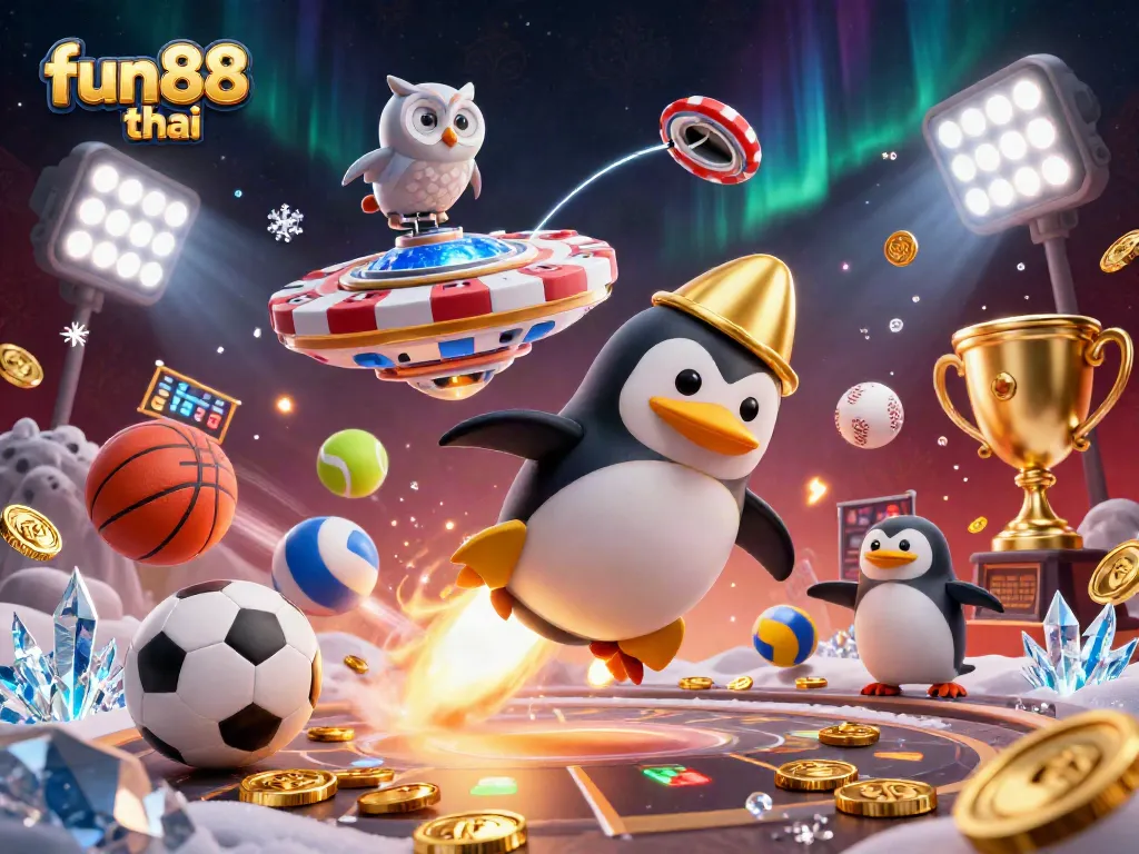 Fun88 Thai highlights exciting casino elements with a golden penguin and sports balls in a vibrant illustration.