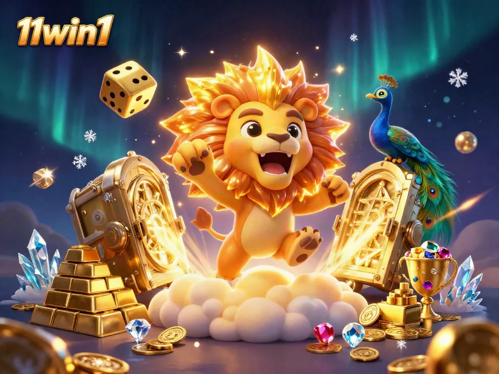 Experience the thrill at 11win1 with a roaring lion and dynamic casino elements.