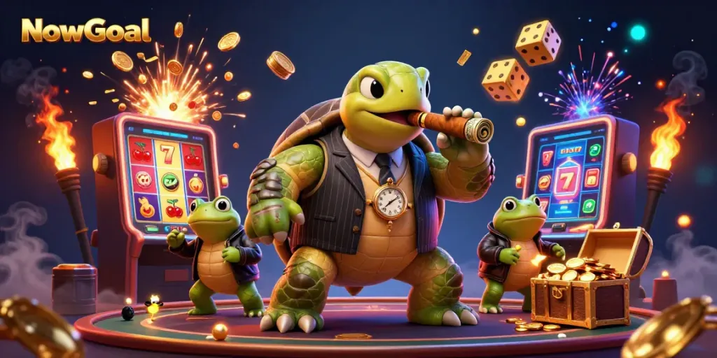 NowGoal brings excitement with a 3D scene of a snapping turtle mobster and bullfrog enforcers surrounded by casino elements.