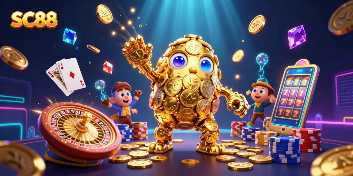 Experience the excitement of SC88 with a vibrant 3D casino scene showcasing golden golems, coins, and dynamic game elements.
