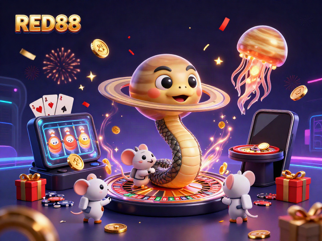Bet with RED88's exciting cosmic casino scene featuring games and playful characters.