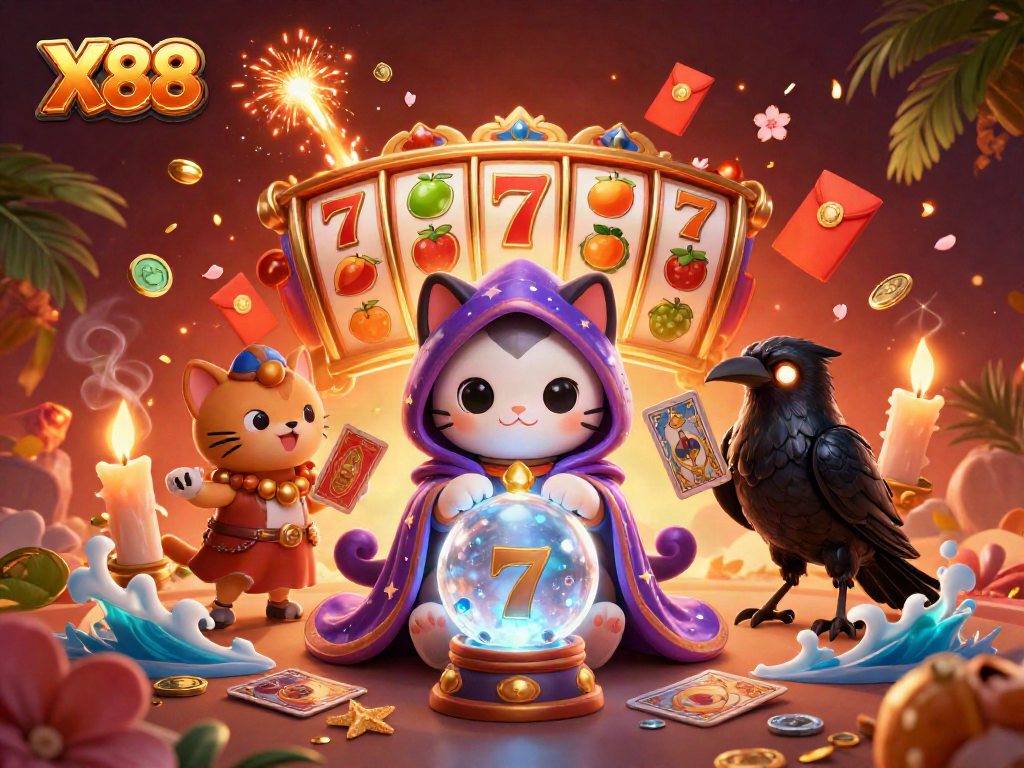 X88 slot gaming scene featuring a fortune teller cat and tarot raven surrounded by vibrant casino elements.
