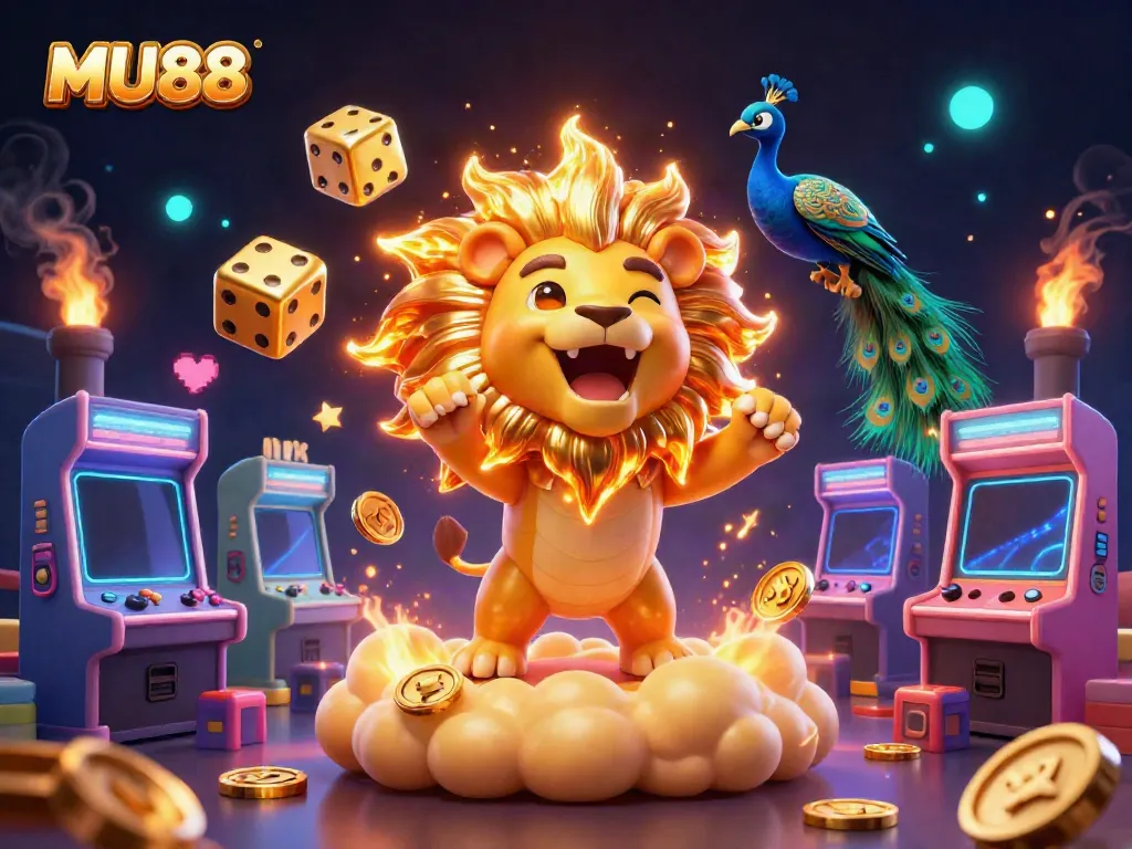 Experience the excitement of MU88 with vibrant casino-themed illustrations featuring a roaring lion, golden dice, and arcade elements.