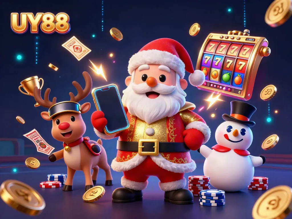 Spin the reels at UY88 with Santa, his reindeer, and a chip hat snowman in a vibrant casino scene.