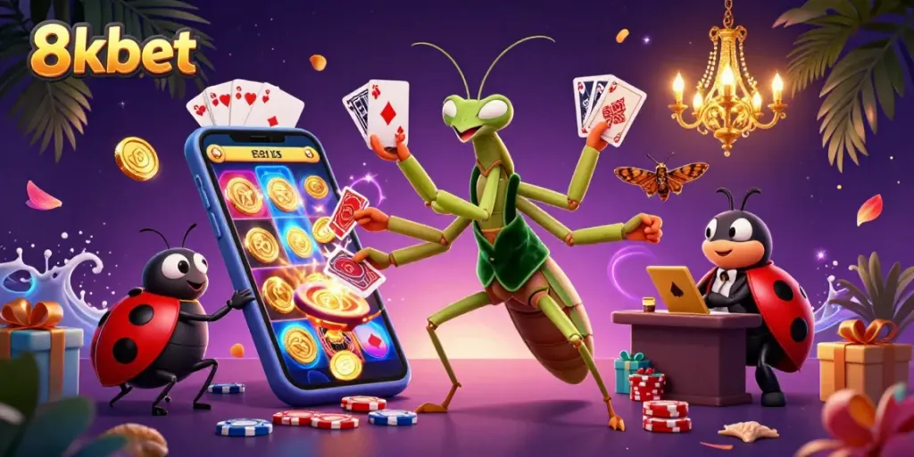 Engage with the vibrant world of 8xbet, featuring a dynamic scene of a casino with characters and gaming elements.