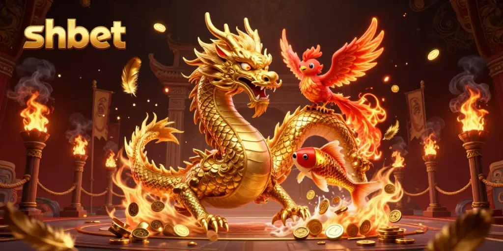 Experience the thrill of shbet's gaming universe with an enchanting illustration of a dragon and phoenix