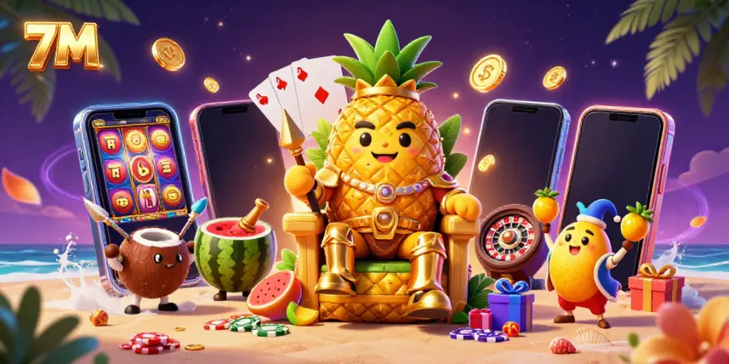 Experience the thrill of 7M with golden casino characters amid vibrant gaming action.