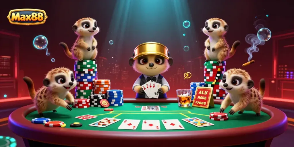 Experience the thrilling action at Max88's vibrant casino with meerkats managing the games and chips.