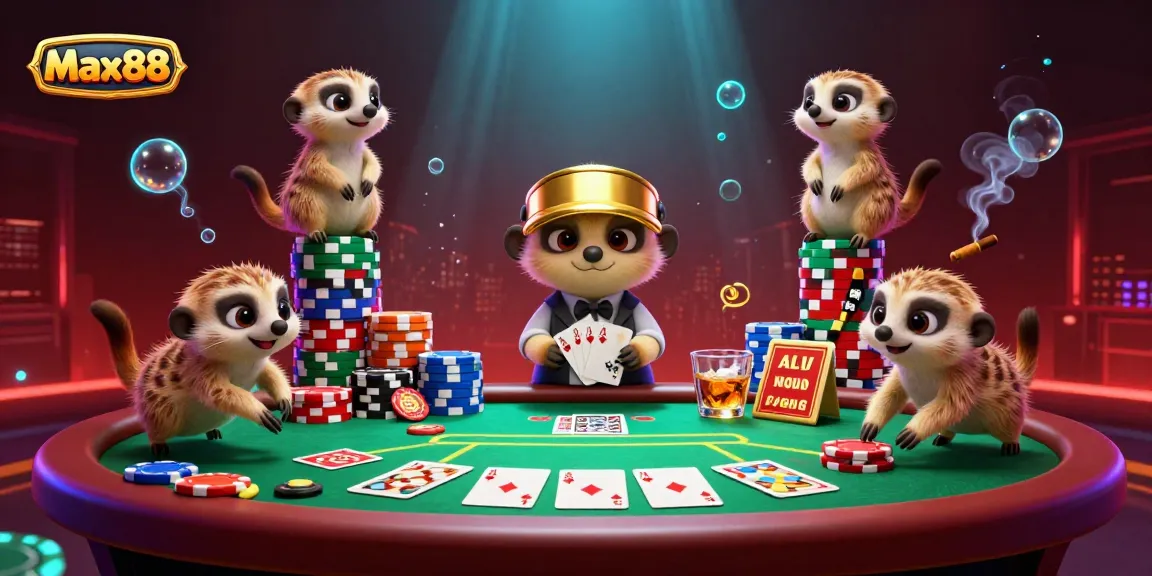 Experience the thrilling action at Max88's vibrant casino with meerkats managing the games and chips.