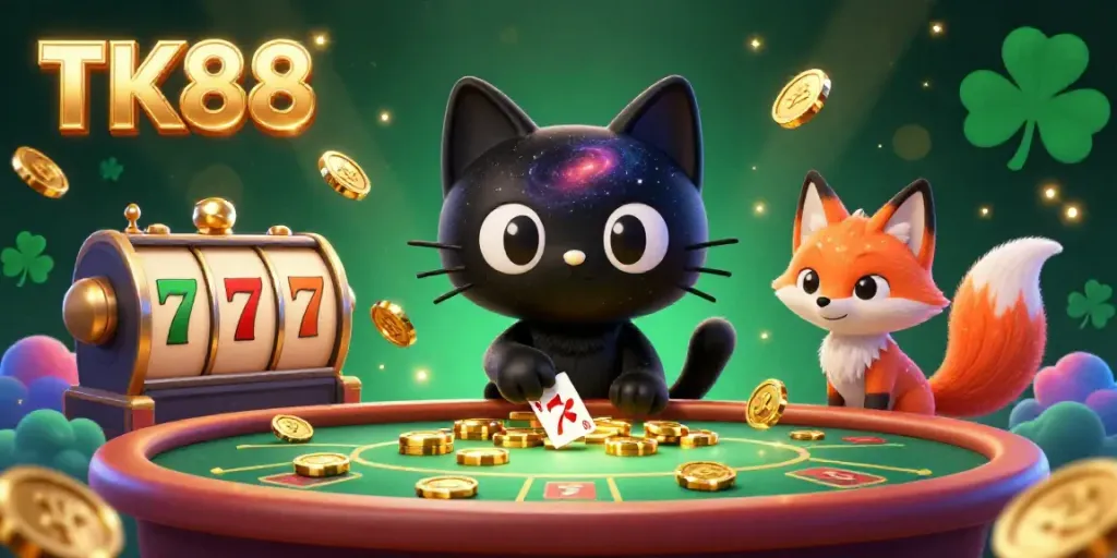 Play engaging casino games with TK88, featuring a cosmic black hole cat and colorful nebula fox in a vibrant, dynamic scene.