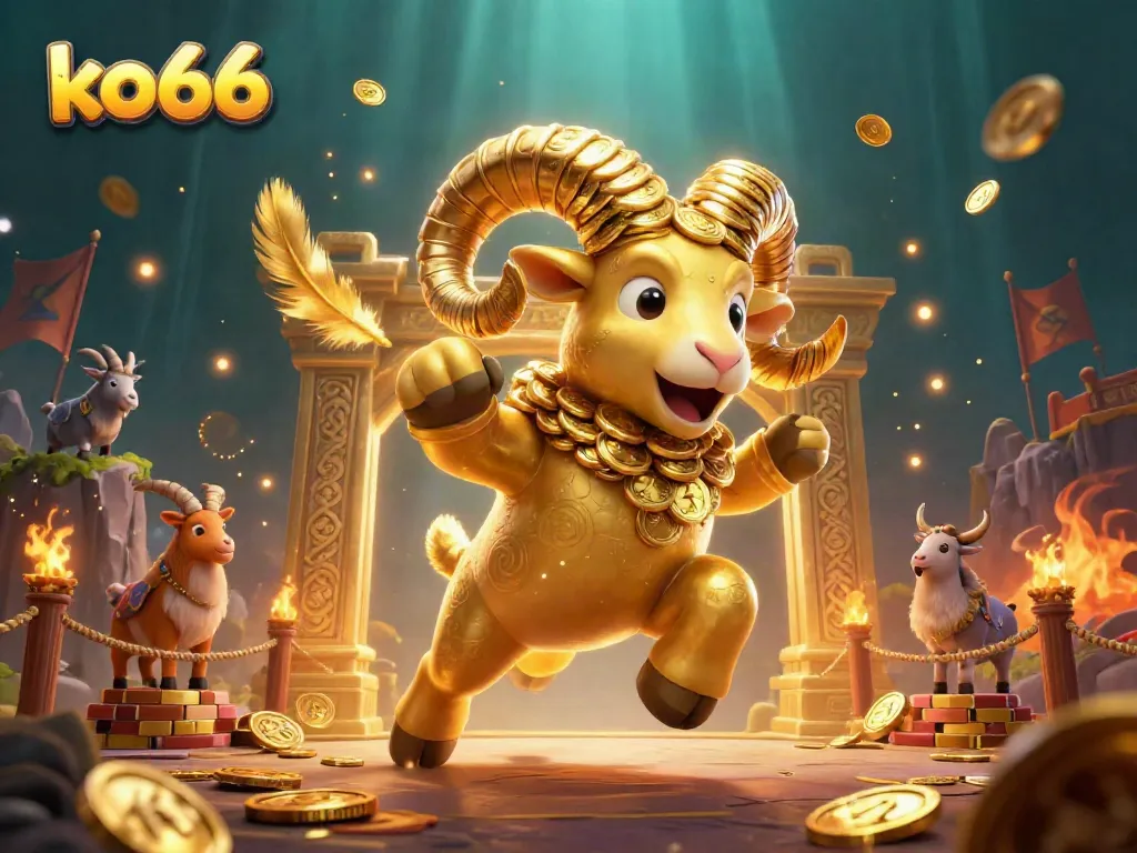 Experience the excitement of betting at ko66 with a striking 3D casino scene featuring a golden ram and vibrant game elements.