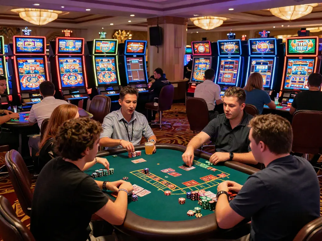 Diverse players experiencing the thrill of a credit card casino with vibrant games and lively atmosphere.
