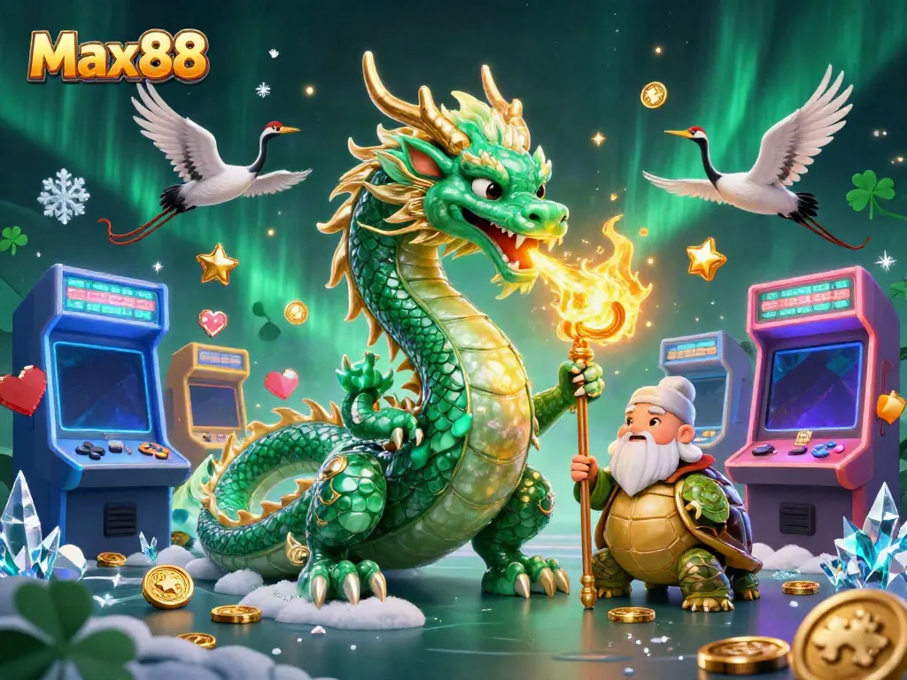 Max88 dragon and turtle sage create a lucky casino scene with vibrant gaming elements and rich details.