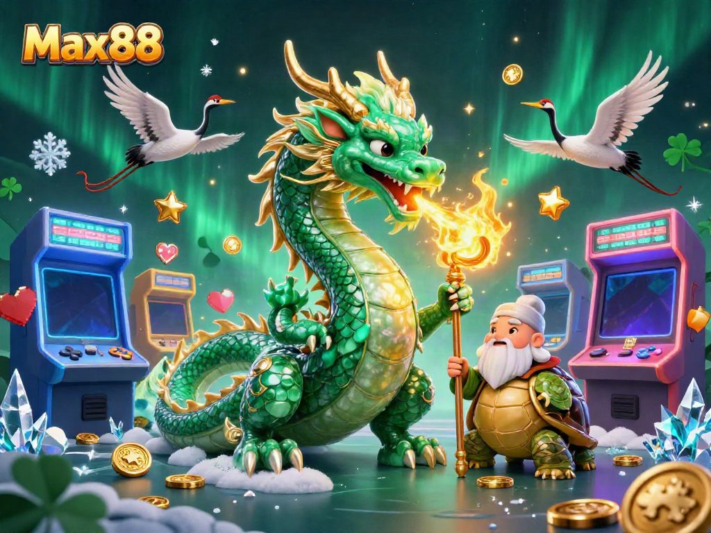 Max88 dragon and turtle sage create a lucky casino scene with vibrant gaming elements and rich details.
