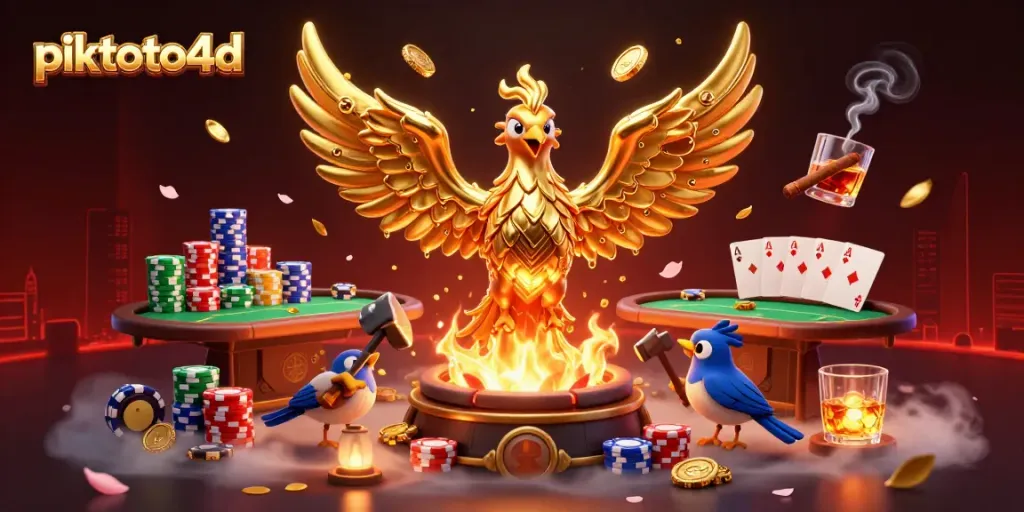 Piktoto4d: Engage in thrilling gameplay with a molten golden phoenix and vibrant poker elements.