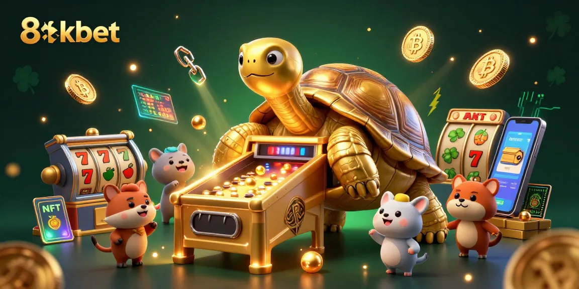 Play at 8kbet's vibrant casino with a golden tortoise pinball machine and a rich array of slot elements.