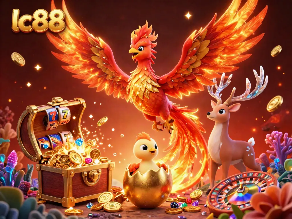 Experience thrilling gaming at lc88 with a vibrant phoenix, golden treasures, and rich casino elements.
