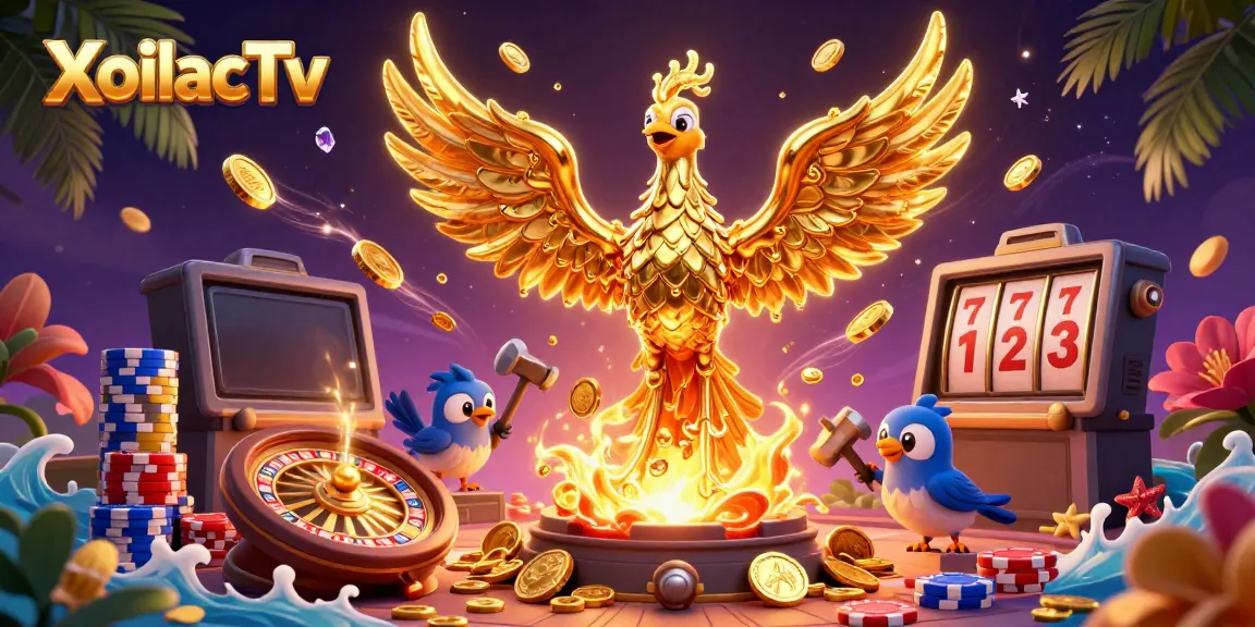 Experience dynamic gaming with XoilacTv as golden coins cascade from a molten metal phoenix.