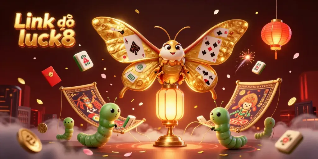 Play exciting games with Link vào luck8 in a vibrant 3D casino illustration featuring an atlas moth.