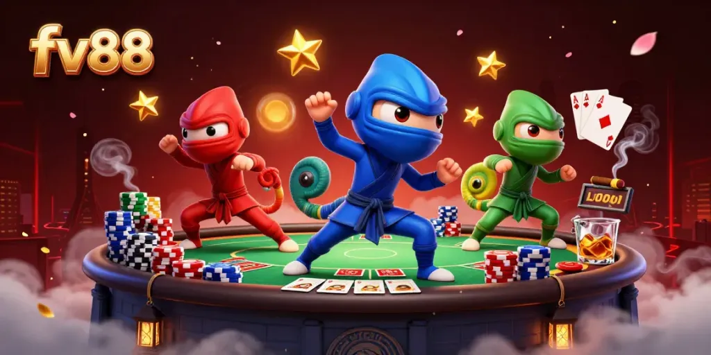 Engage with fv88's thrilling gaming scene, featuring chameleon ninjas and poker elements in action.