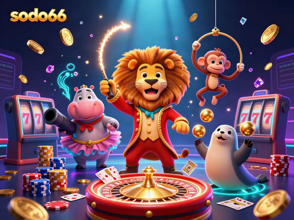 Experience thrilling wins with Sodo66 casino as the vibrant characters celebrate amidst cascading coins and colorful chips.