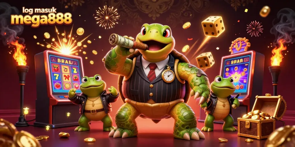 Experience log masuk mega888 with a vivid 3D casino scene showcasing the turtle in a suit.