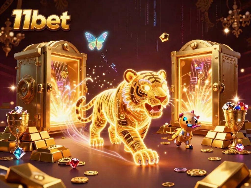 Winning with 11bet, a vibrant digital casino experience showcasing golden treasures and engaging energy