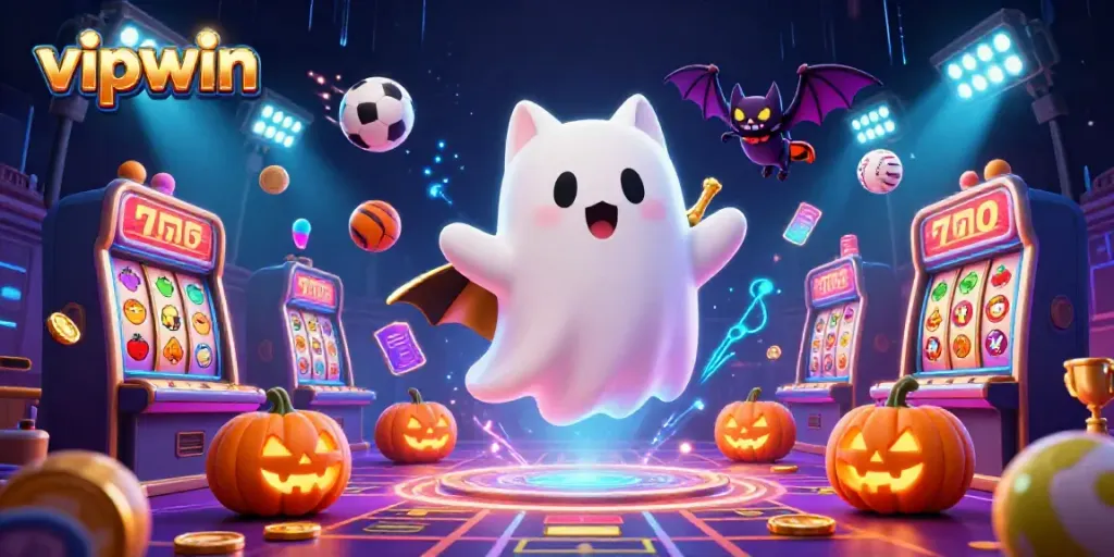 Engage in thrilling gameplay with vipwin as a cartoon ghost cat explores a haunted casino.