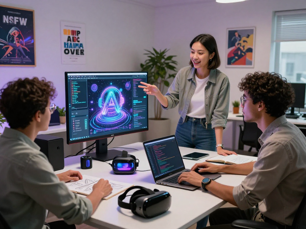 Team brainstorming in a tech workspace on nsfw ai project with screens displaying visuals and code.