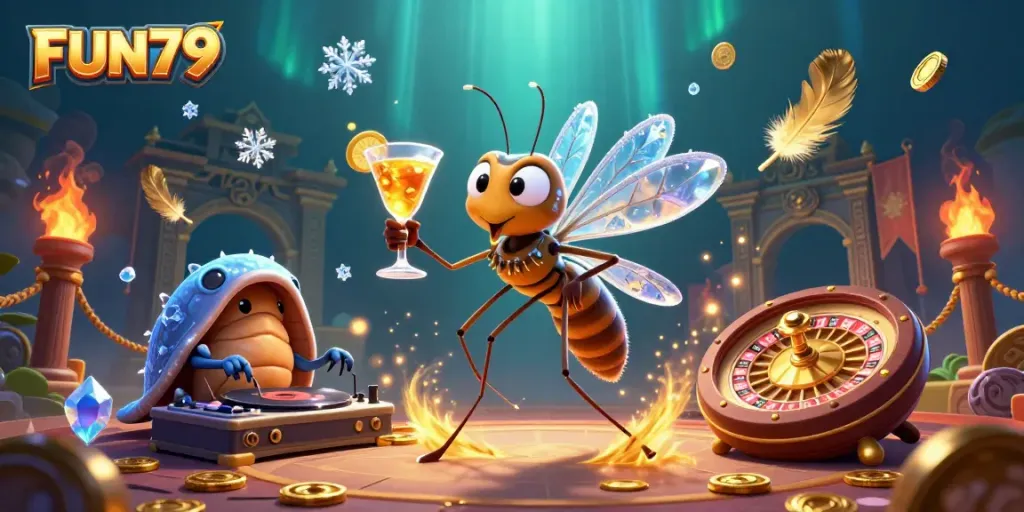 Experience FUN79 with vibrant casino elements in an enchanting 3D scene, showcasing dynamic characters and games.