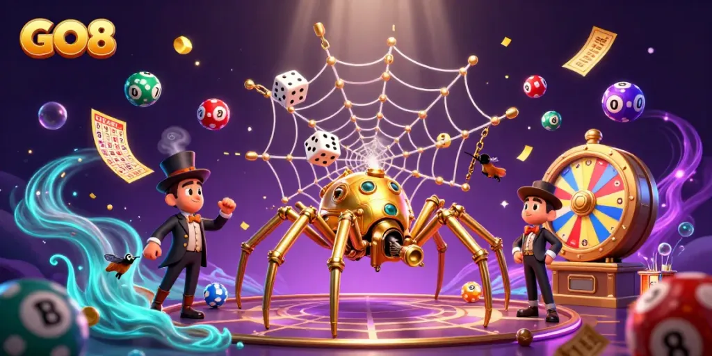 Engage with the GO8 casino experience featuring dynamic lottery elements and vibrant 3D characters.