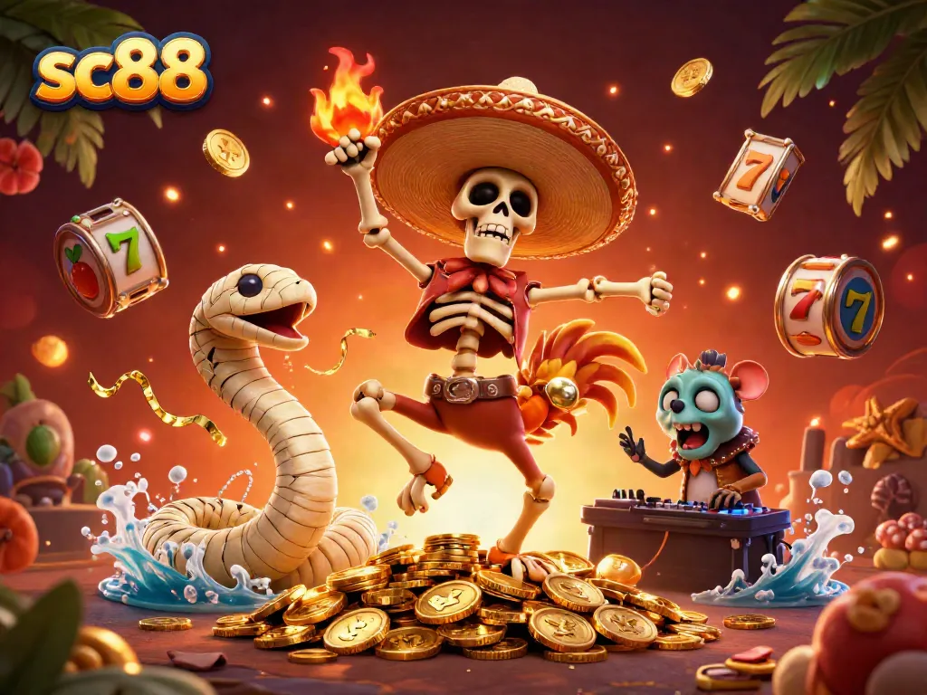 Experience the vibrant casino world at sc88 with colorful 3D characters celebrating amid slot reels.
