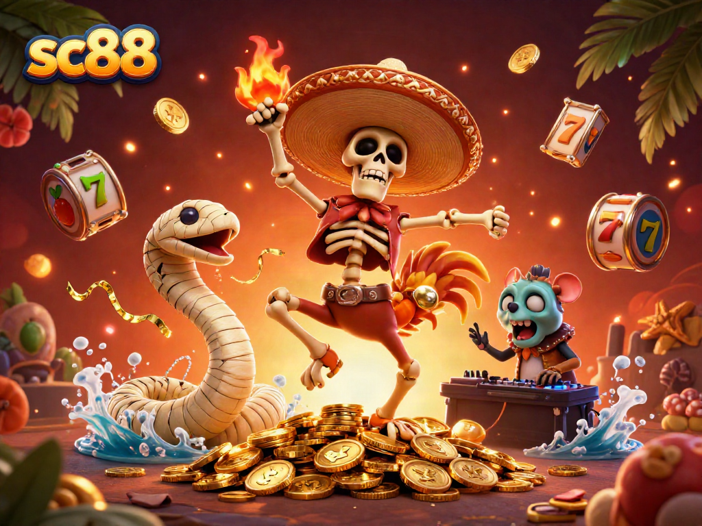 Experience the vibrant casino world at sc88 with colorful 3D characters celebrating amid slot reels.
