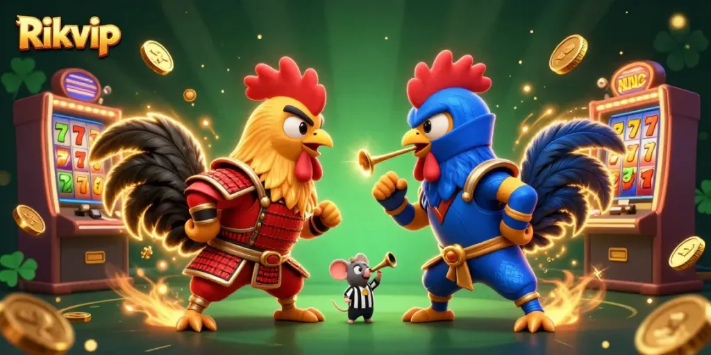 Rikvip showcases exciting rooster fight amidst dynamic slot symbols and golden coins