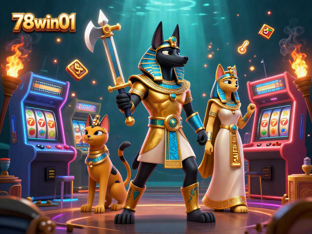Experience the thrill of 78win01 with an engaging Egyptian-themed casino scene featuring Anubis and Bastet.