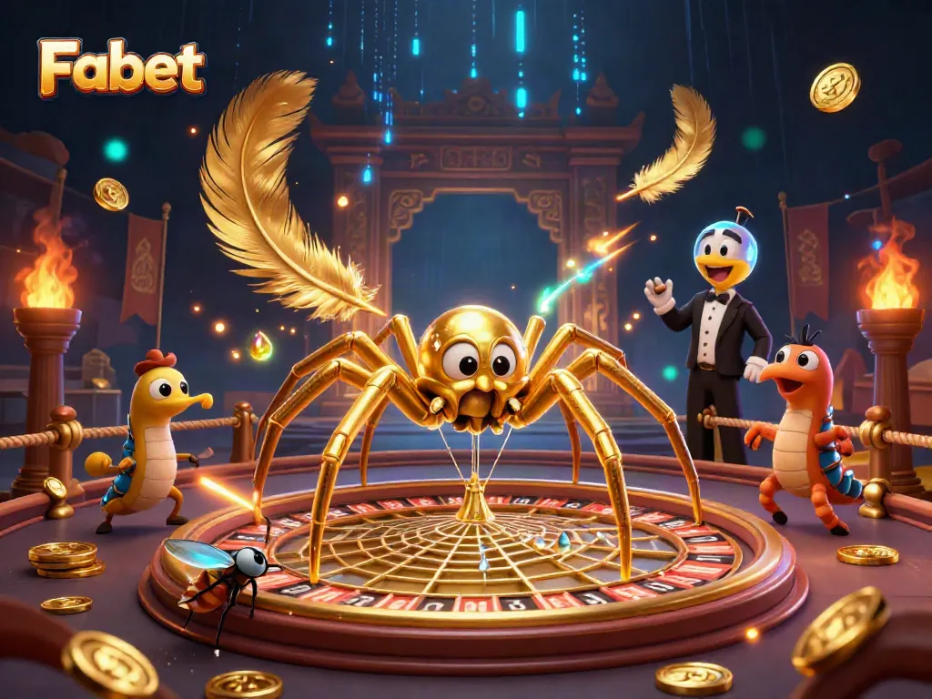 Fabet's vibrant online casino scene showcases a fly nervously betting with a golden spider and centipede dealer.