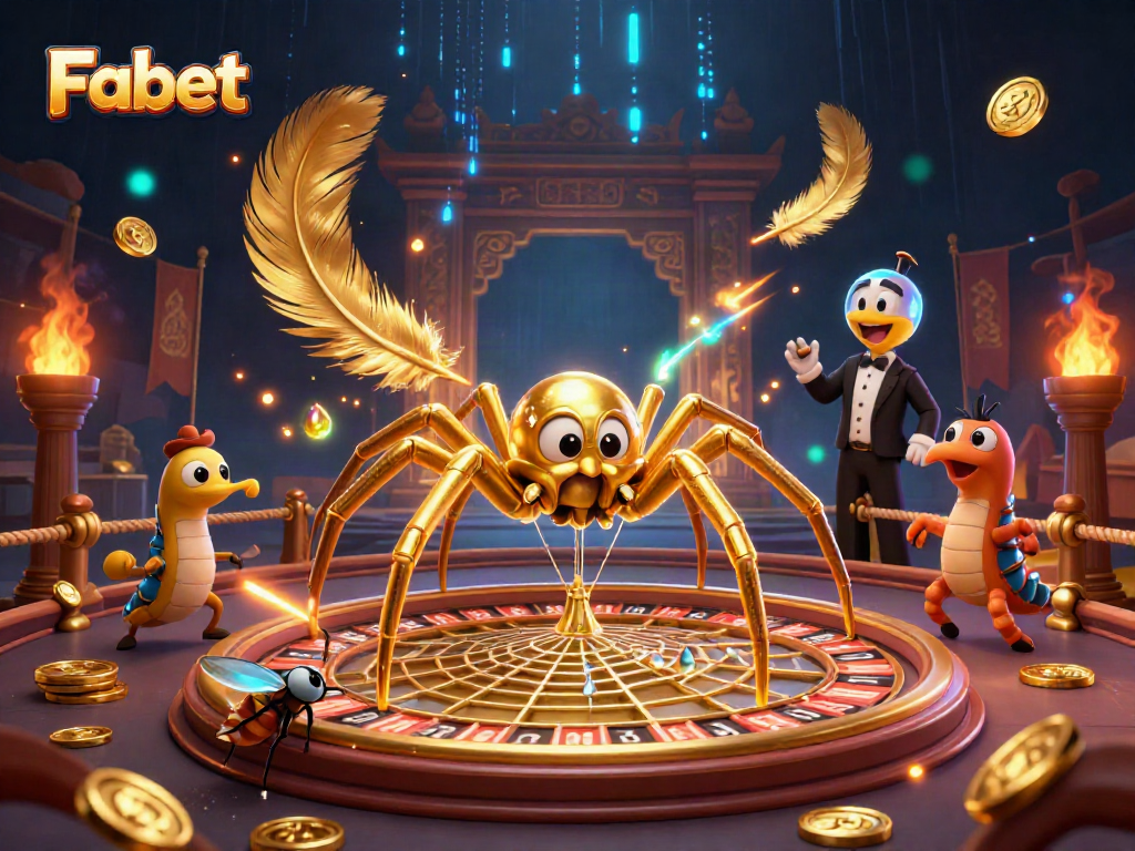 Fabet's vibrant online casino scene showcases a fly nervously betting with a golden spider and centipede dealer.