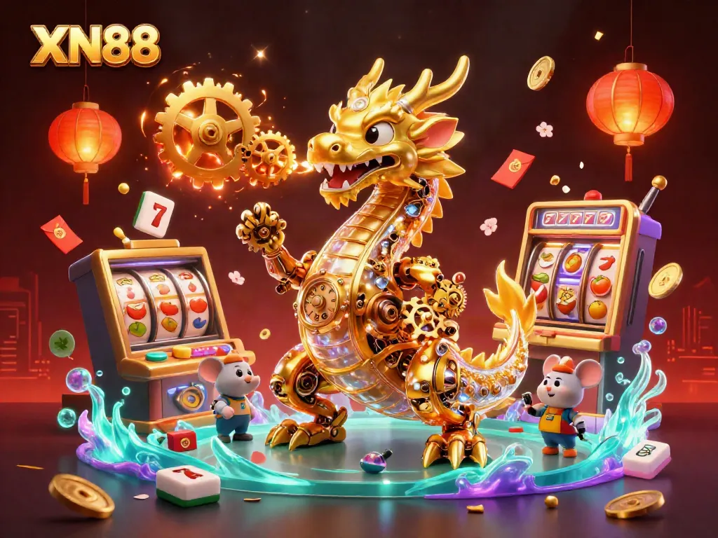 Experience the thrilling dynamic world of XN88, featuring a golden dragon and exciting casino elements.
