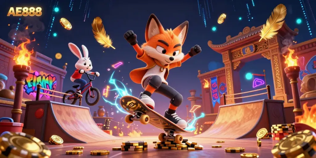 Engage in thrilling play at AE888 casino, highlighted by a vibrant illustration showcasing dynamic gaming characters.