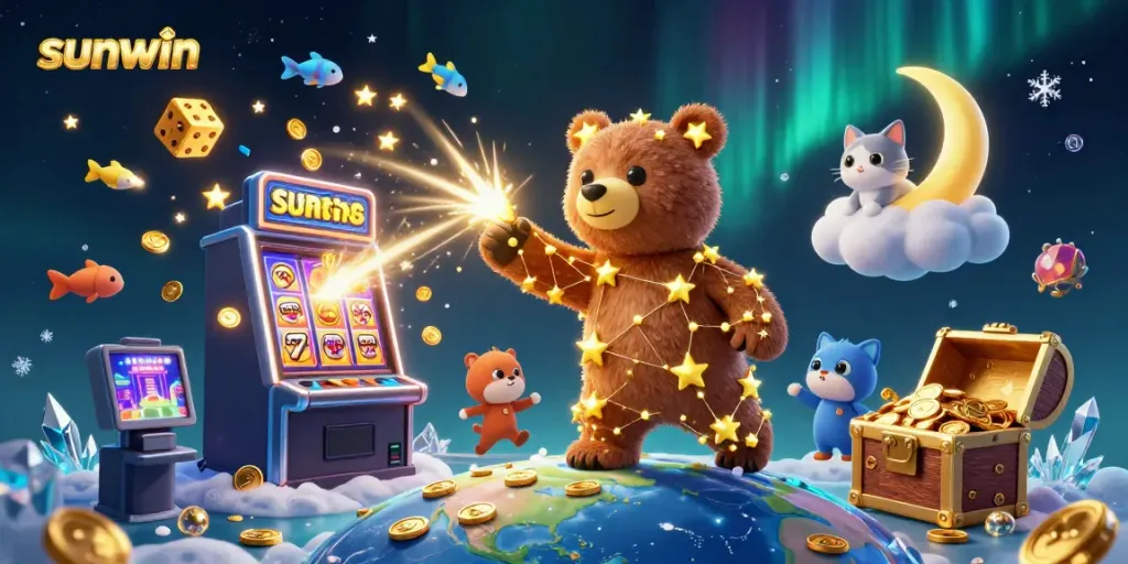 Experience the excitement of sunwin as a constellation bear dives to scoop coins amidst thrilling casino elements.